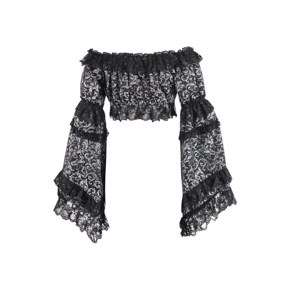 Silver/Black Brocade Smocked Flare Sleeve Peasant Top - Picture 3 of 3